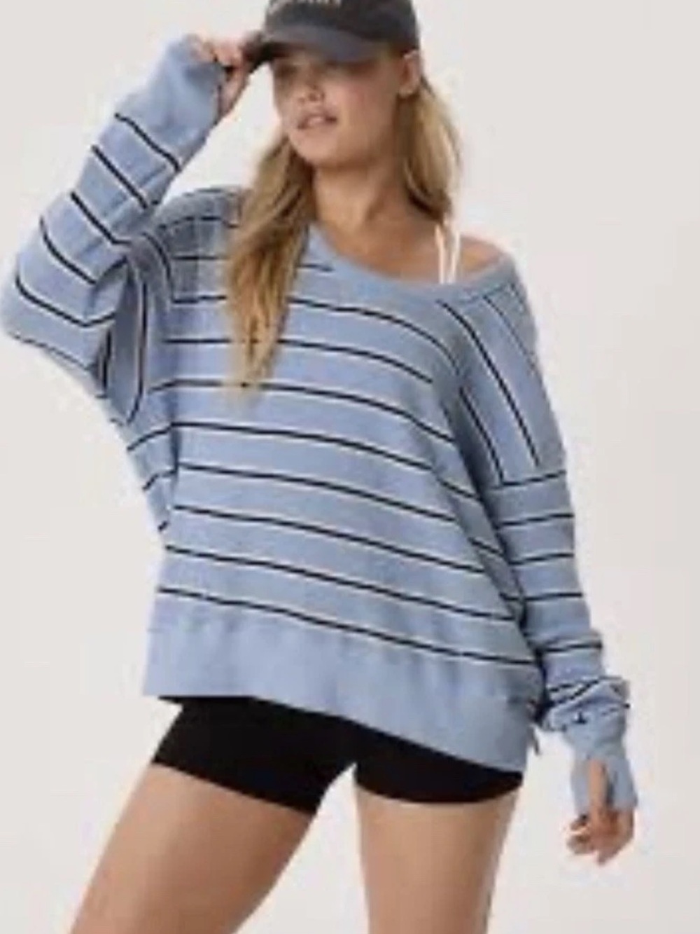 Aerie Offline Striped Waffle Knit Scoop Neck Sweater Blue Navy Small